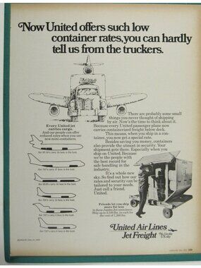 Print Ad United Airlines Jet Freight Low Container Rates Cargo Shipping 1972